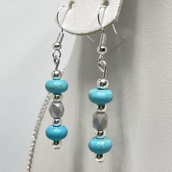 Artisan Turquoise Howlite Gray Crystal Beaded Bar Chain Necklace Earrings Set - Picture 3 of 9
